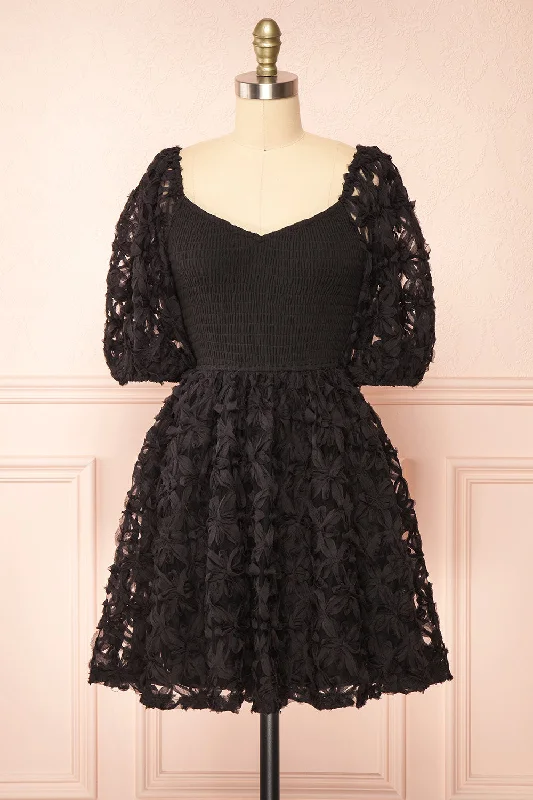 Lucindra | Short Black Dress w/ Chiffon Flowers