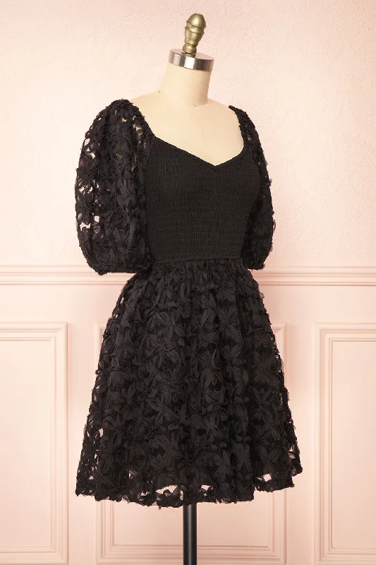 Lucindra | Short Black Dress w/ Chiffon Flowers