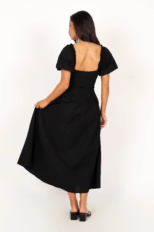 Maria Puff Sleeve Midi Dress - Black