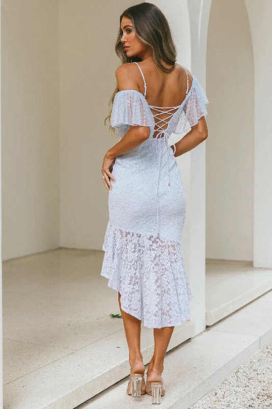 Maribel Hail Spot Sleeve Asymmetrical Hem Lace Midi Dress Baby Blue