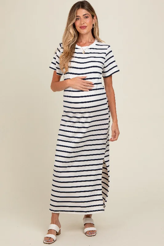 Navy Striped Side Slit Maternity Maxi Dress