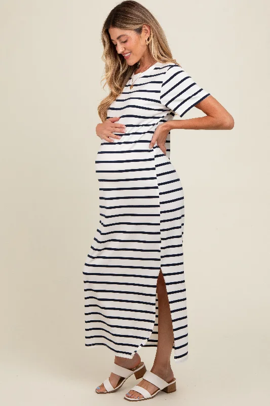 Navy Striped Side Slit Maternity Maxi Dress