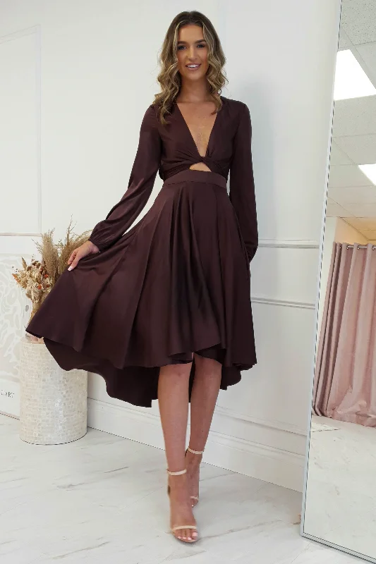 Nicola Satin Tie Front Midi Dress | Chocolate