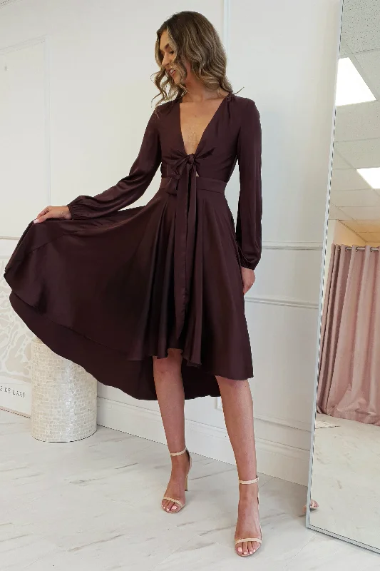 Nicola Satin Tie Front Midi Dress | Chocolate