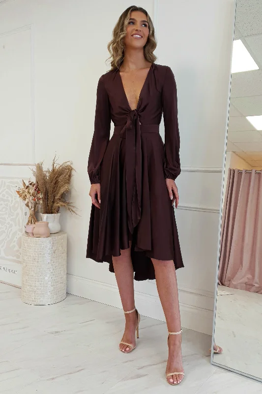 Nicola Satin Tie Front Midi Dress | Chocolate