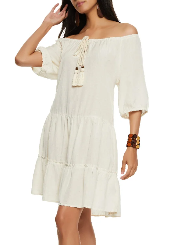 Linen Tassle Tie Front Tiered Peasant Dress