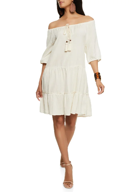 Linen Tassle Tie Front Tiered Peasant Dress