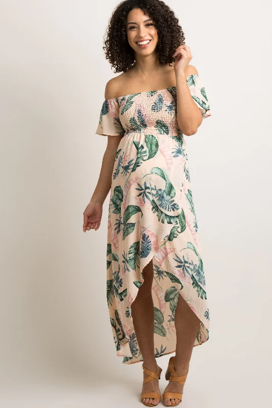 PinkBlush Peach Leaf Print Smocked Off Shoulder Maternity Dress