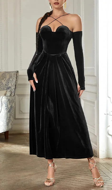 PLEATED VELVET MAXI DRESS