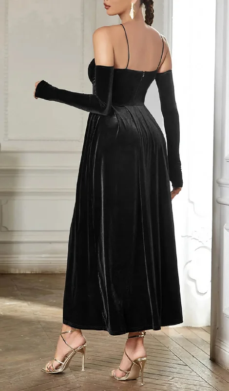 PLEATED VELVET MAXI DRESS