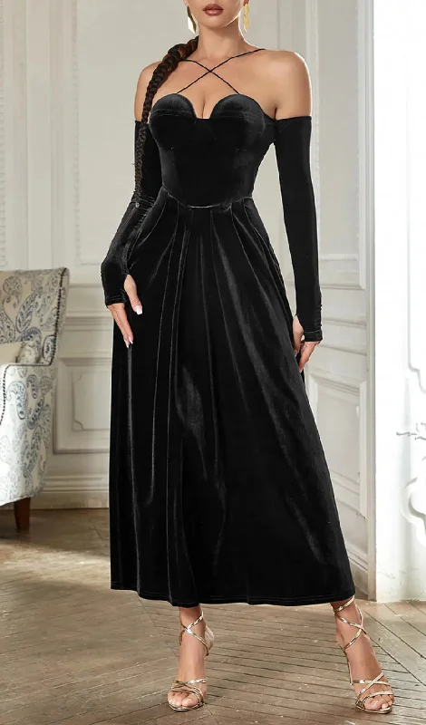 PLEATED VELVET MAXI DRESS