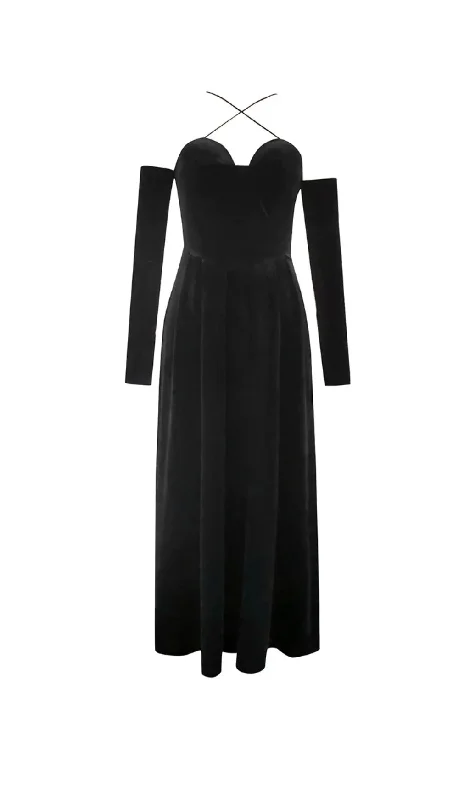 PLEATED VELVET MAXI DRESS