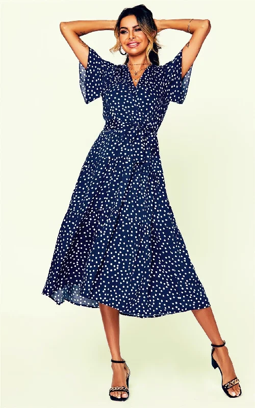 Polka Dot Hem Tiered Wrap Midi Dress In Navy