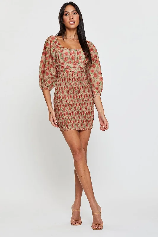 Print Mini Dress Long Sleeve Bodycon