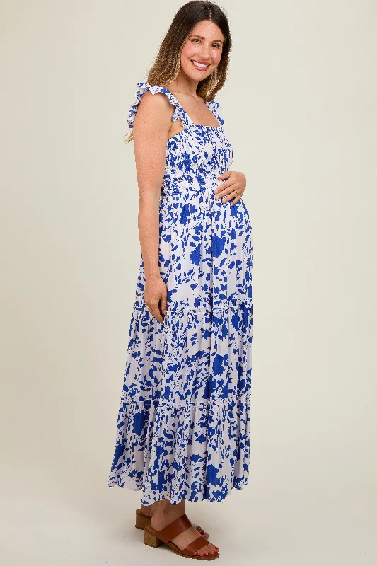 Royal Blue Ruffle Sleeve Tiered Maternity Maxi Dress