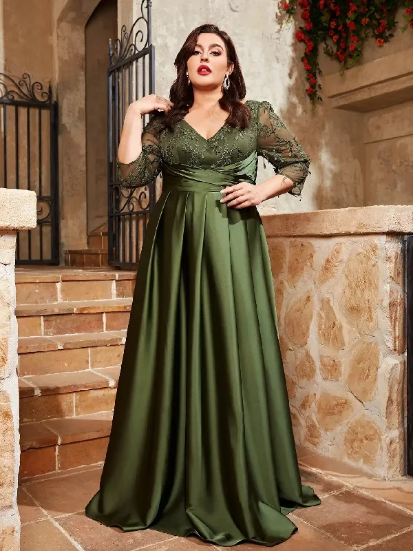 Sage Green Plus Size Satin Lace Embroidery Party Dress