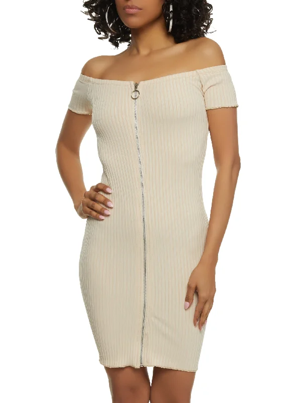 Ribbed Zip Front Off the Shoulder Dress