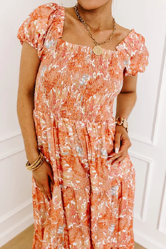 Vineyard Bound Smocked Midi in Orange