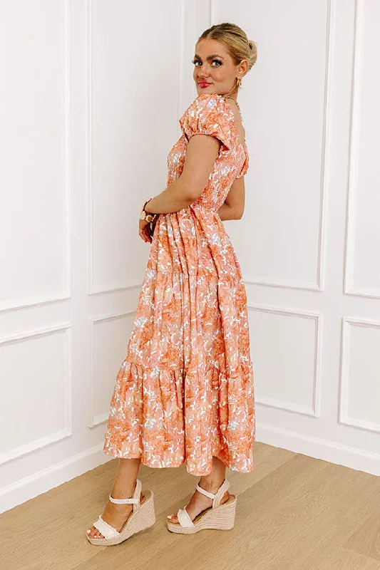 Vineyard Bound Smocked Midi in Orange