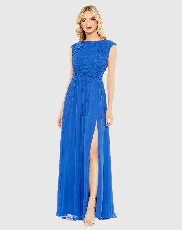 Pleated Bateau Cap Sleeve A Line Gown