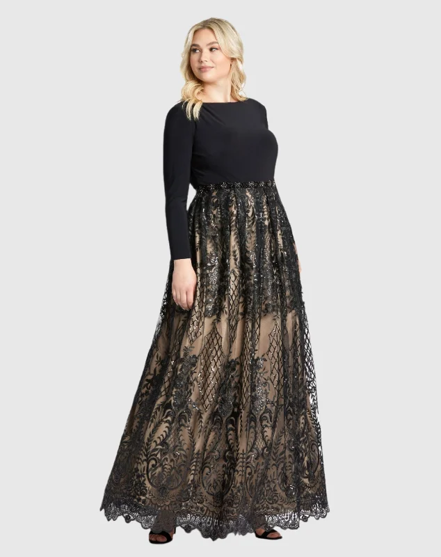 Long Sleeve High Neck Lace A Line Gown