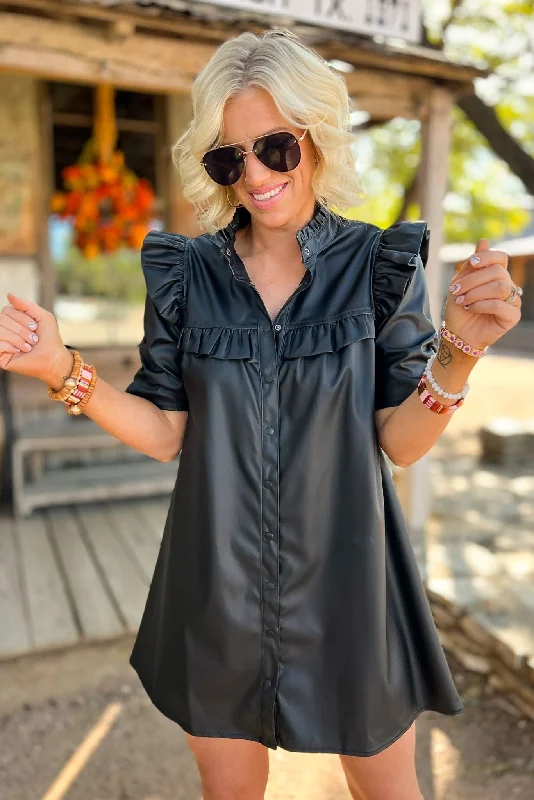 Black Faux Leather Ruffle Hem Button Up Dress