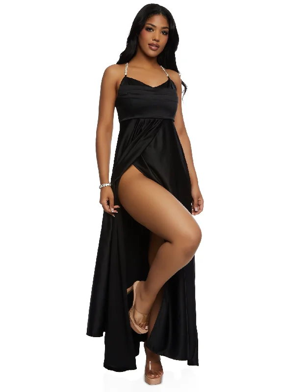 Haute Monde Rhinestone Strap Satin Maxi Dress