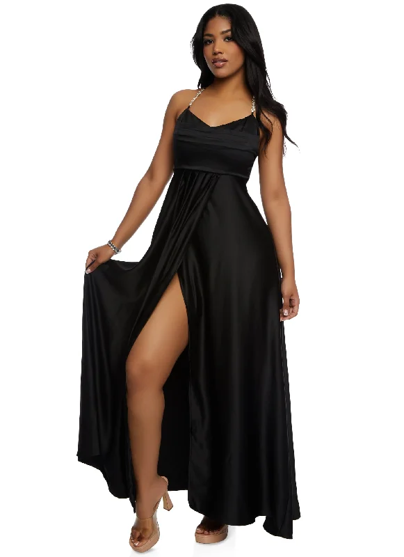 Haute Monde Rhinestone Strap Satin Maxi Dress