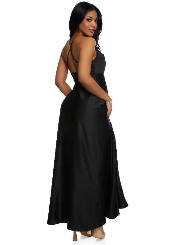 Haute Monde Rhinestone Strap Satin Maxi Dress