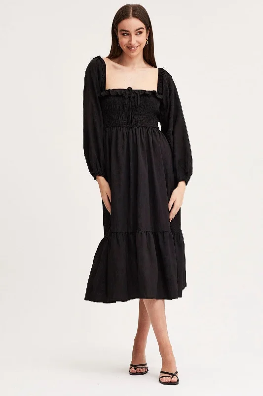 Black Maxi Dress Long Sleeve Square Neck