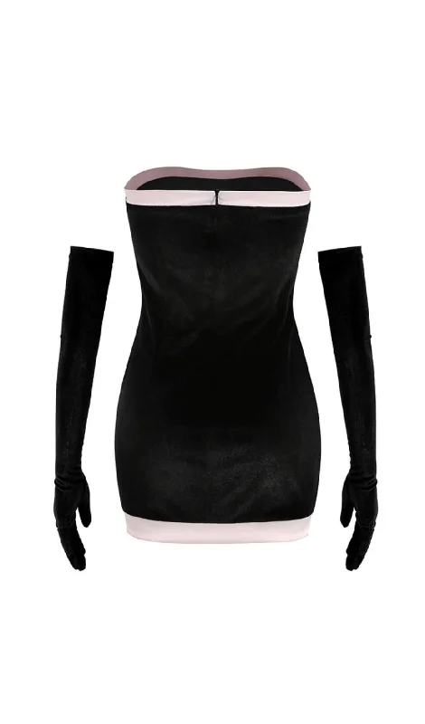 BLACK PINK STRAPLESS VELVET MINI DRESS