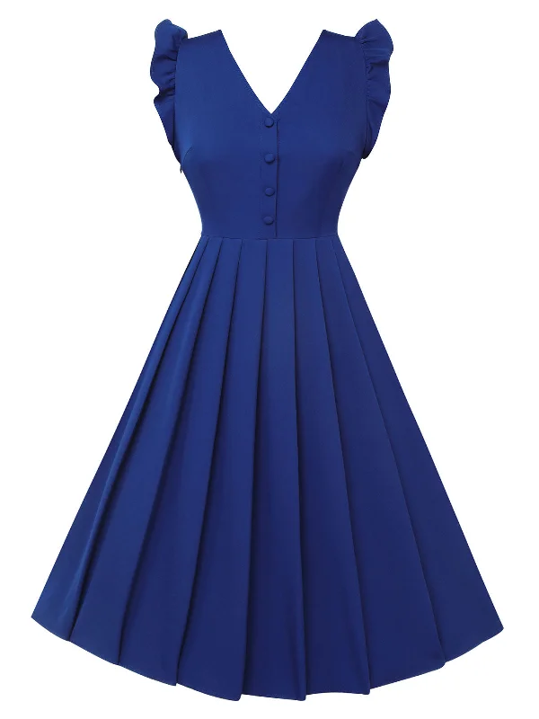 Blue 1950s Pleated Ruffles Vest Dress