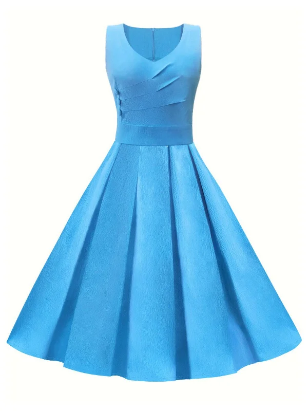 Blue 1950s Solid Sleeveless Swing Dress