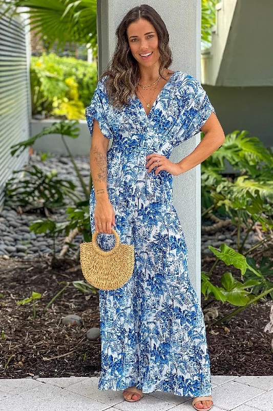 Blue Pleated V-Neck Jumpsuit