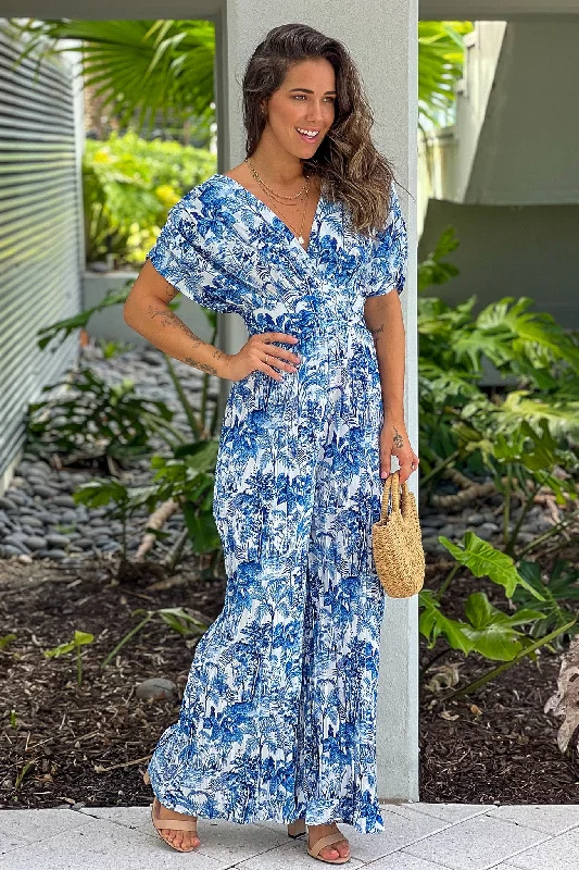 Blue Pleated V-Neck Jumpsuit