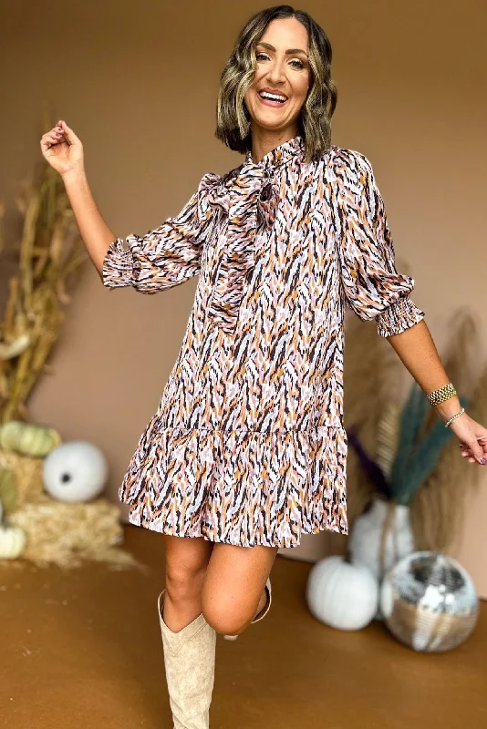 Camel Lilac Abstract Print Puff Sleeve Tiered Dress