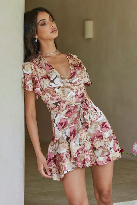 Cami Angel Sleeve Faux Wrap Dress Abstract Floral Print Rose