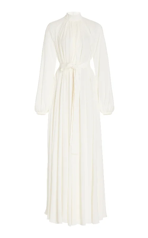 Cedric Pleated Dress in Ivory Silk Georgette Twill