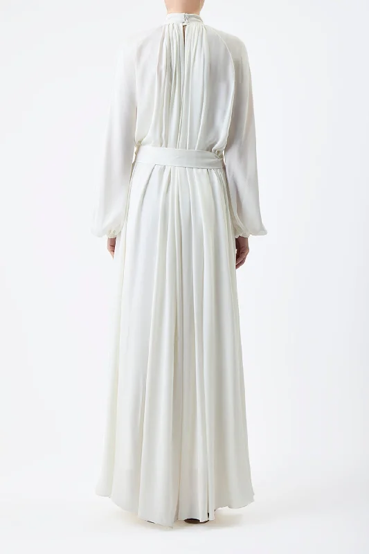 Cedric Pleated Dress in Ivory Silk Georgette Twill