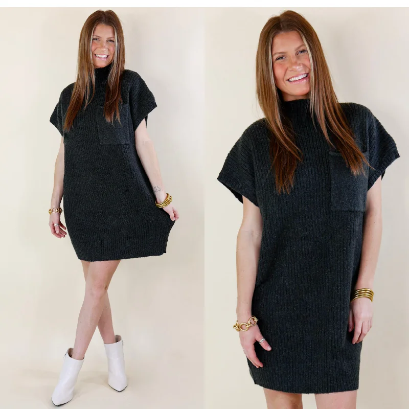 City Sights Cap Sleeve Sweater Dress in Charcoal Black