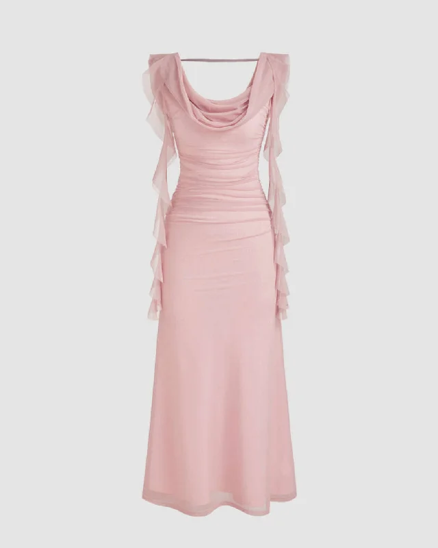 Cowl Neck Solid Ruffle Hem Ruched Maxi Dress In Pink