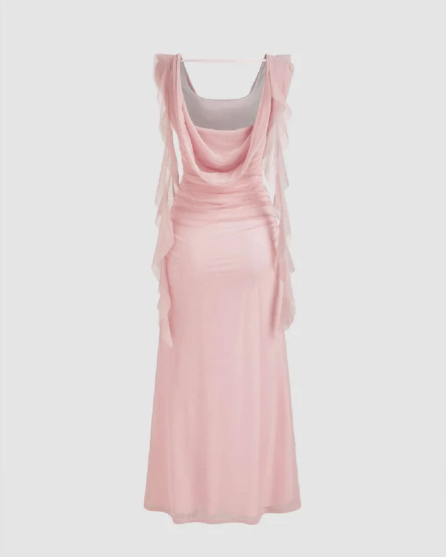 Cowl Neck Solid Ruffle Hem Ruched Maxi Dress In Pink