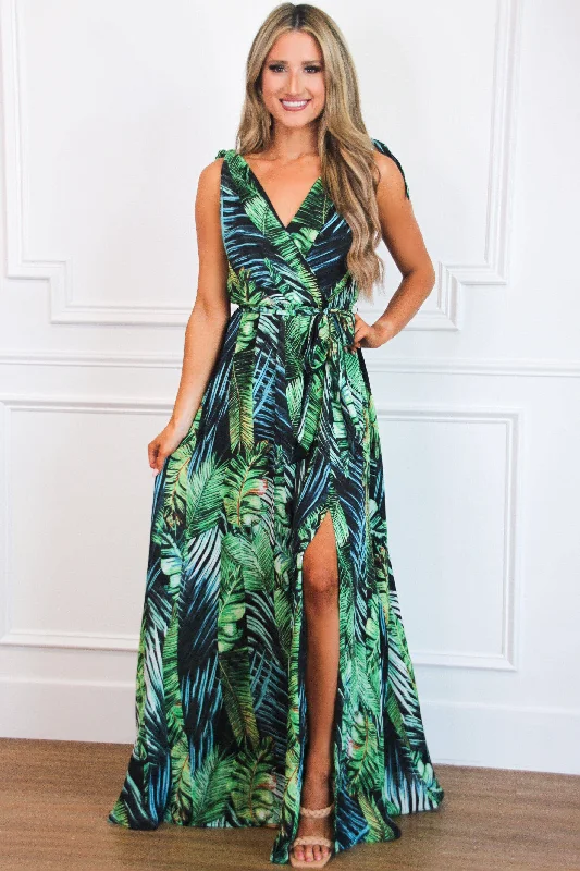 Deep Island Vibe Maxi Dress: Black/Green Multi