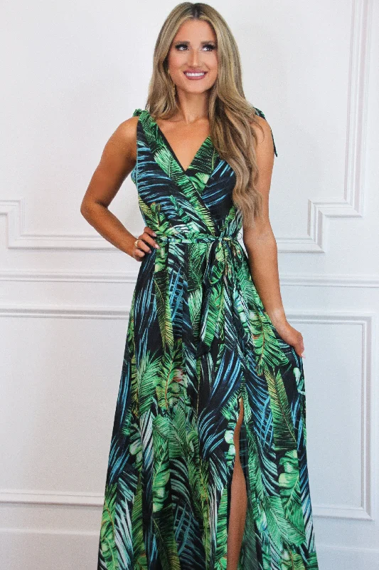 Deep Island Vibe Maxi Dress: Black/Green Multi