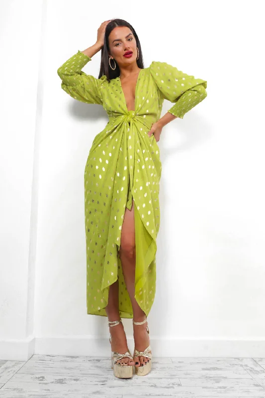 Drive Em Wild - Lime Gold Foil Midi Wrap Dress