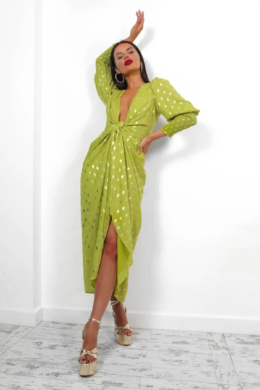 Drive Em Wild - Lime Gold Foil Midi Wrap Dress