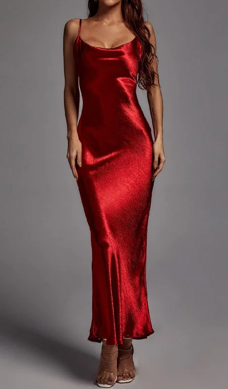 RED STRAPPY METALLIC MAXI DRESS