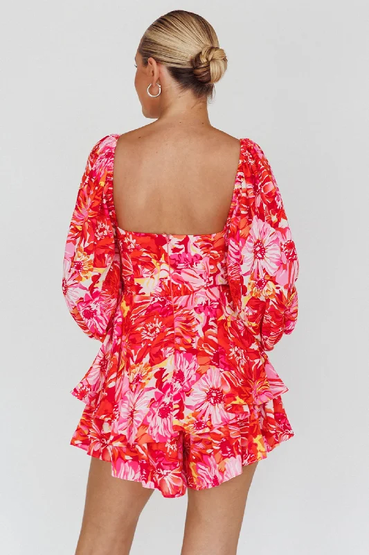 Evanice Shirred Waist Romper Floral Red