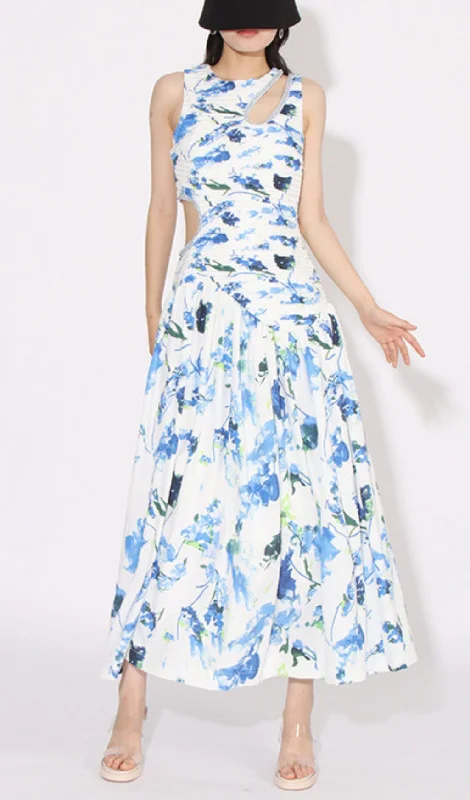 FLORAL PRINTED CUTOUT MAXI DRESS IN BLUE