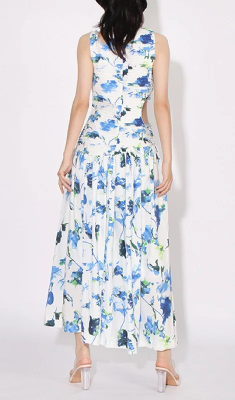 FLORAL PRINTED CUTOUT MAXI DRESS IN BLUE